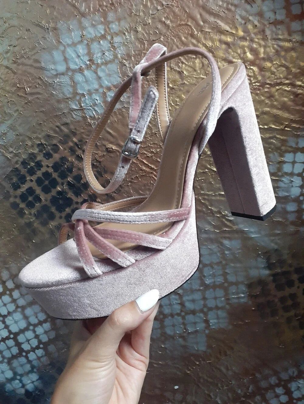 Zara Nwt Platform Velvet High Heel Sandals in Blush Pink - Picture 6 of 16